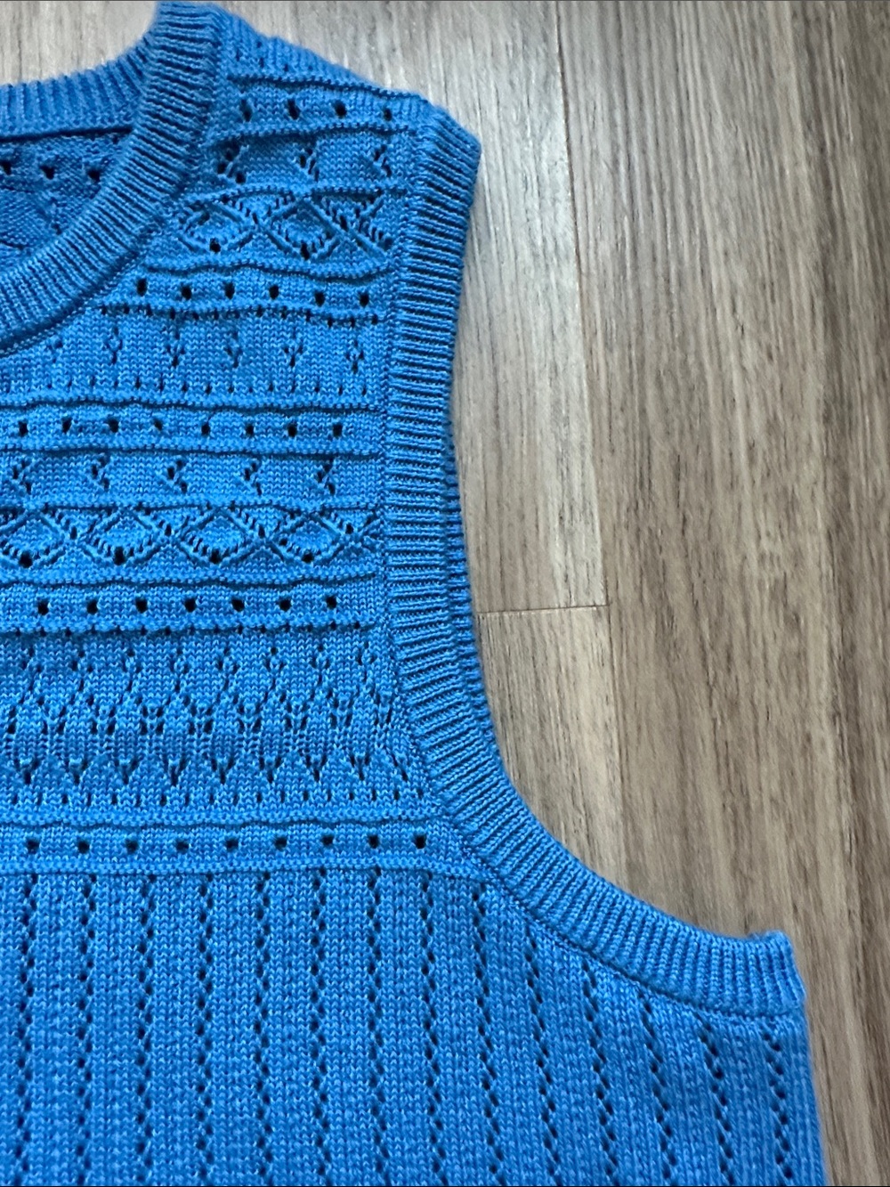 Sezane Cerulean Blue Crochet Knit Button-Front Shell - Picture 7 of 12